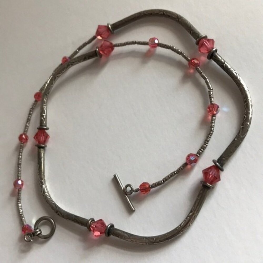 Vintage Sterling Silver Curved Carved Tube Beads Swarovski Crystal Necklace 17.5 - Picture 8 of 8